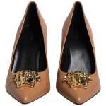 Versace Brown Leather Logo Plaque High Heels Pumps Shoes