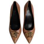Versace Brown Leather Logo Plaque High Heels Pumps Shoes 2