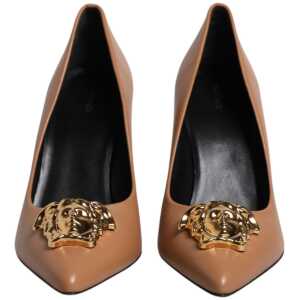 Versace Brown Leather Logo Plaque High Heels Pumps Shoes