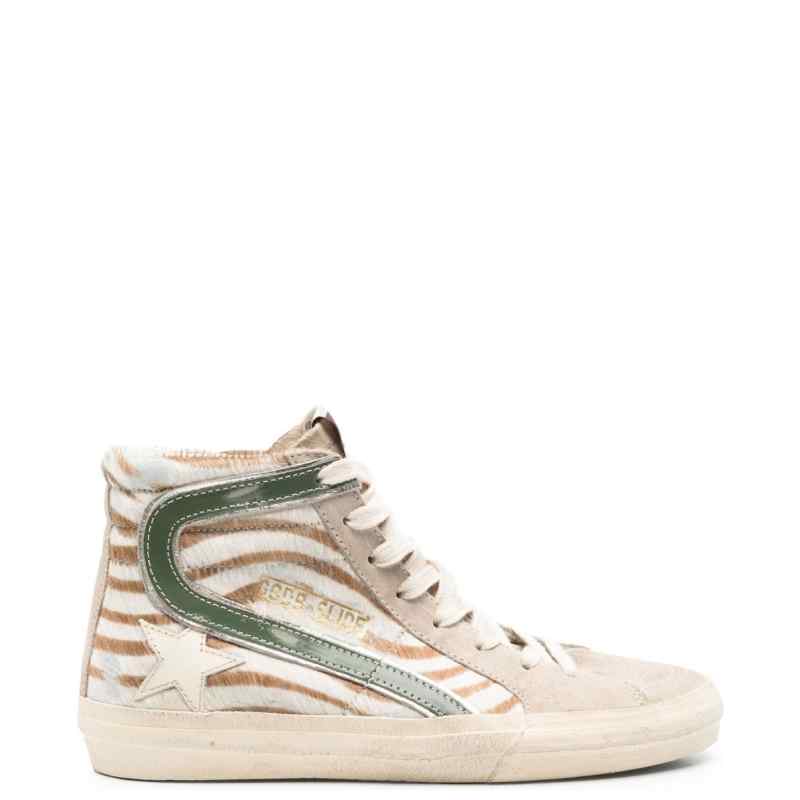 Golden Goose Slide in zebra-print pony skin with laminated leather flash