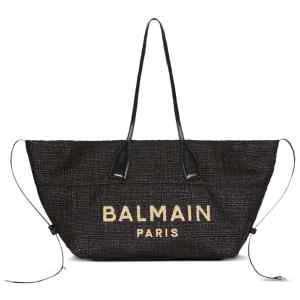 Balmain Track Tote Bag In Raffia And Calfskin