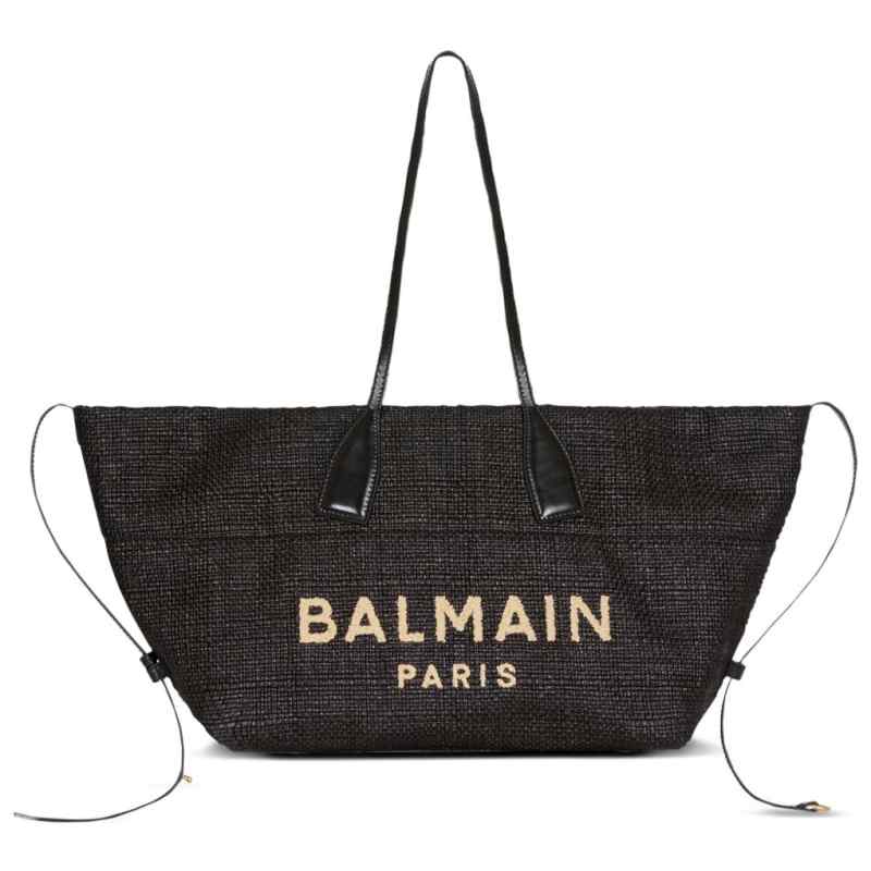 Balmain Track Tote Bag In Raffia And Calfskin