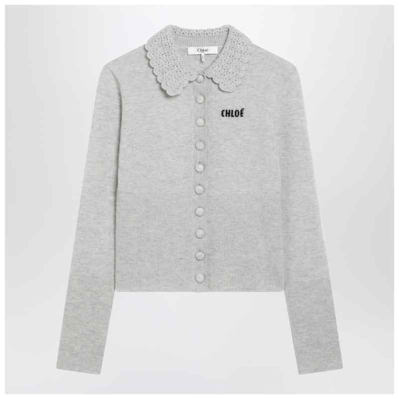 Chlo&eacute; Light grey wool cardigan with logo, theFeinheit