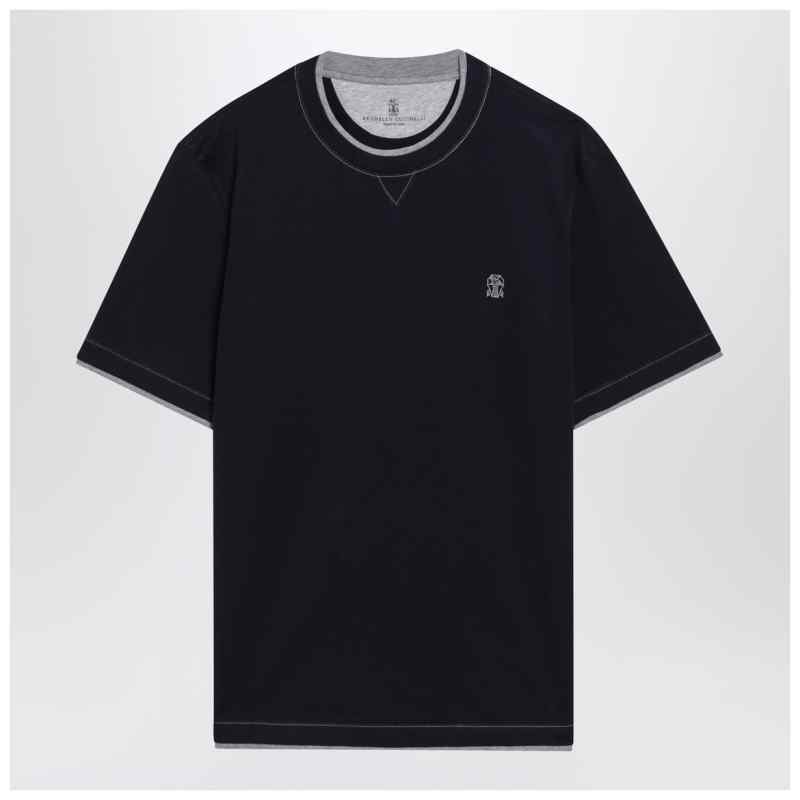 Brunello Cucinelli Navy blue T-shirt with faux layering, theFeinheit
