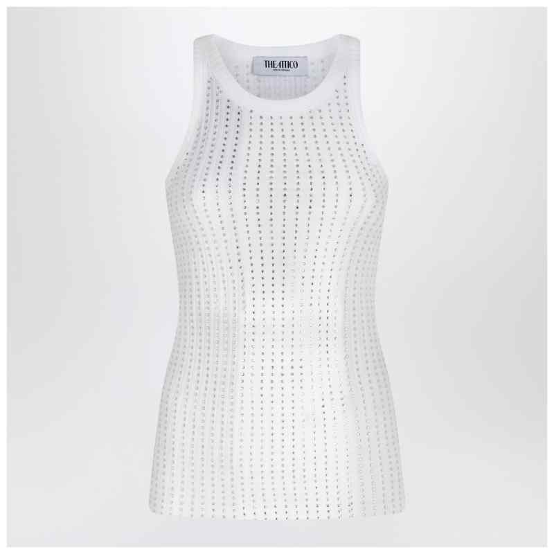The Attico White tank top with rhinestones