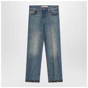 Valentino Washed blue jeans with floral fabric trims