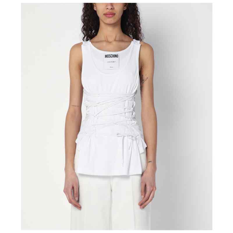 Moschino White tank top in cotton with laces, theFeinheit