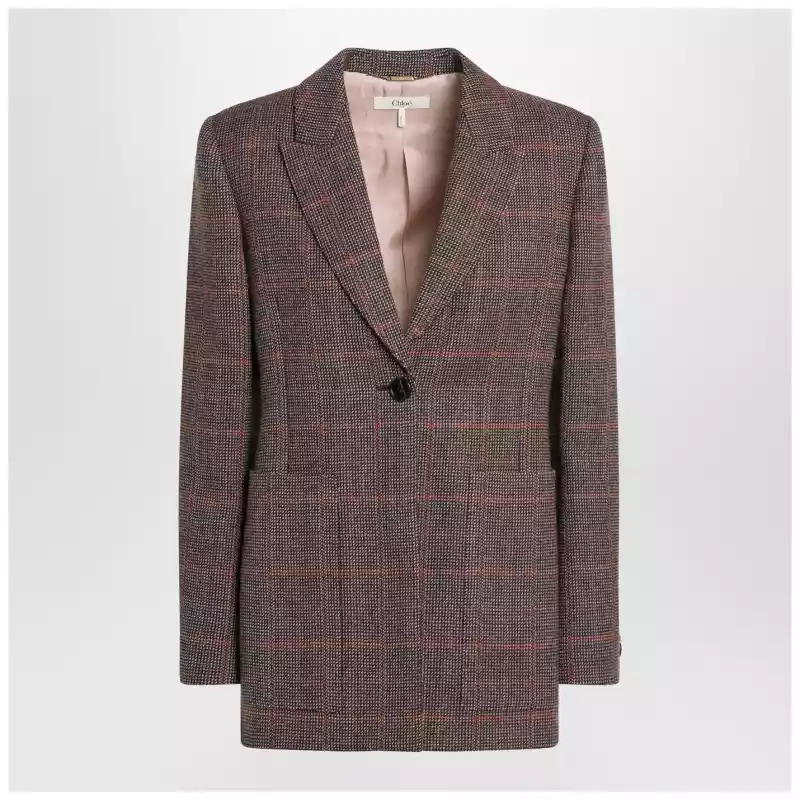 Chloé Single-breasted checked brown wool jacket