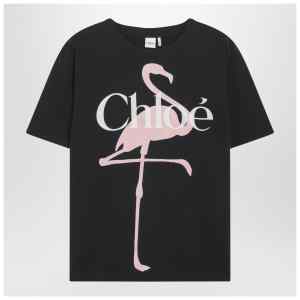 Chloé Black baby-fit T-shirt with logo and flamingo print