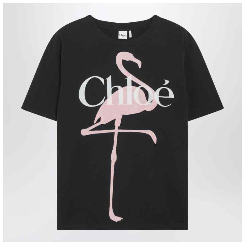 Chlo&eacute; Black baby-fit T-shirt with logo and flamingo print, theFeinheit