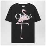 Chloé Black oversized T-shirt with logo and flamingo print