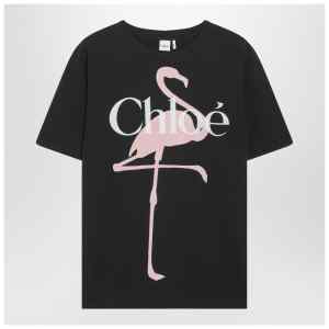 Chloé Black oversized T-shirt with logo and flamingo print