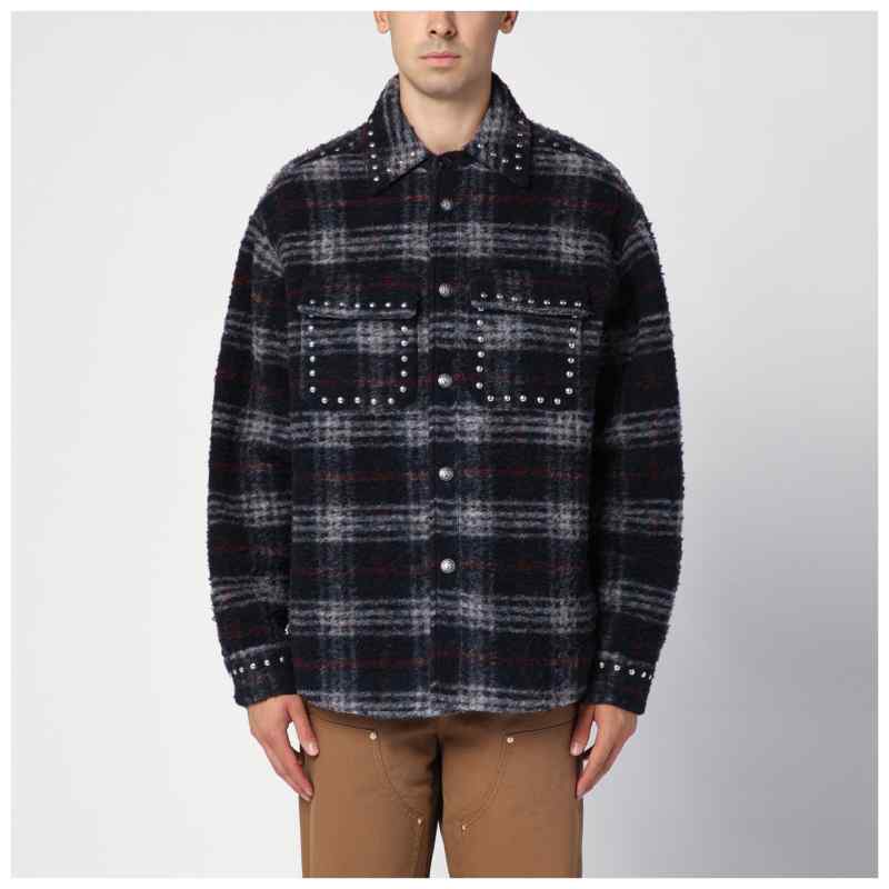 Palm Angels Over shirt in navy check wool with studs, theFeinheit