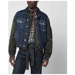 Magliano X D2 Blue denim and military green nylon bomber jacket