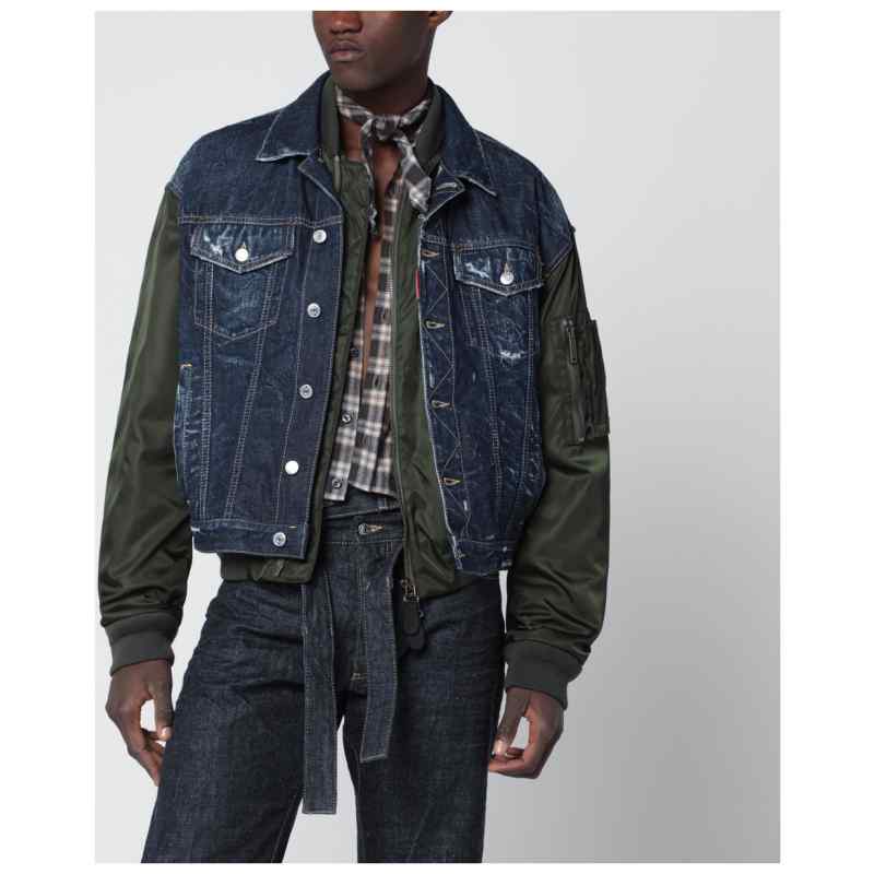 Magliano X D2 Blue denim and military green nylon bomber jacket, theFeinheit