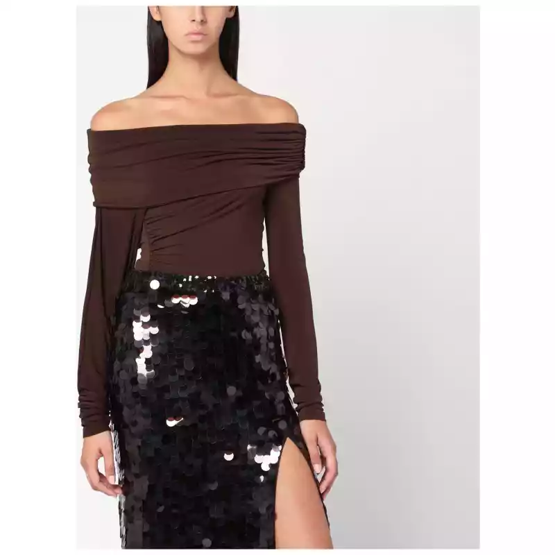 THE ANDAMANE Top with bare shoulders in brown jersey