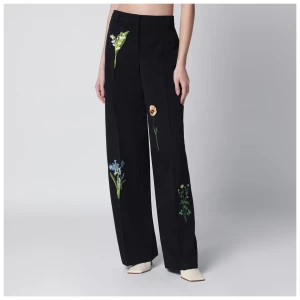 Stella McCartney Black wool trousers with floral embroidery