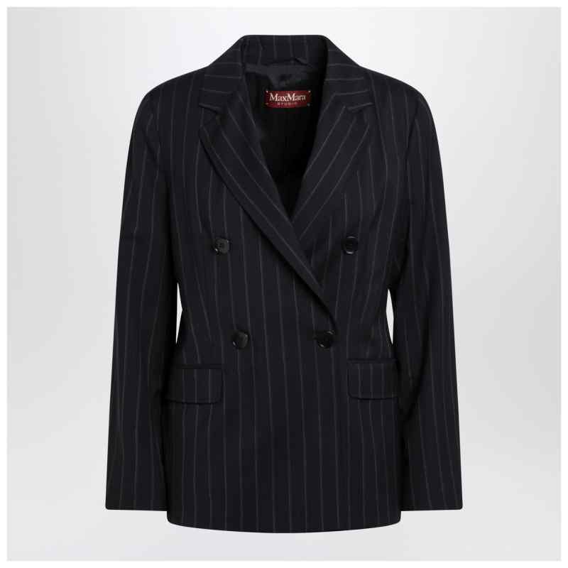 Max Mara Studio Giacca doppiopetto blu in lana gessata, theFeinheit