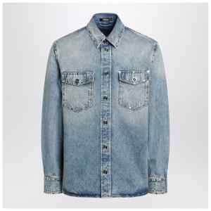 Versace Light blue stone-washed denim shirt with studs