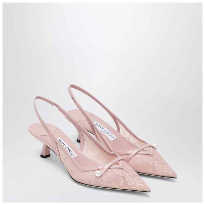 Jimmy Choo Amita 45 slingback pumps in pink leather and lace, theFeinheit