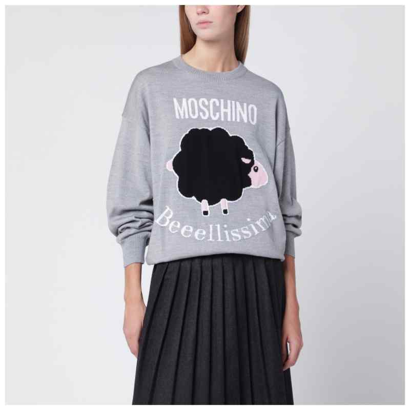 Moschino Grey wool sweater with intarsia logo, theFeinheit