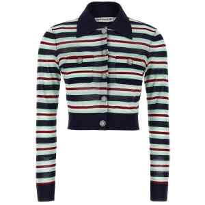 Self Portrait Navy Striped Viscose Knit Cardigan