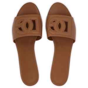 Dolce & Gabbana-DG logo brown calfskin leather slides.
