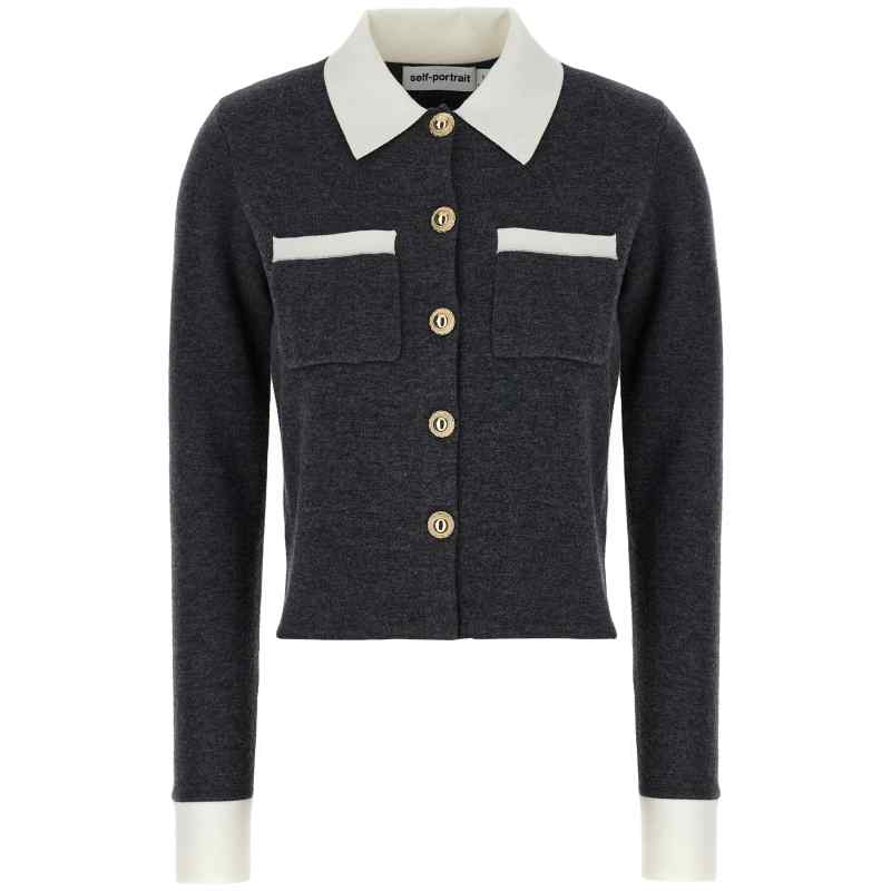 Self-Portrait Grey Contrast Collar Cardigan Self-Portrait Grey Contrast Collar Cardigan