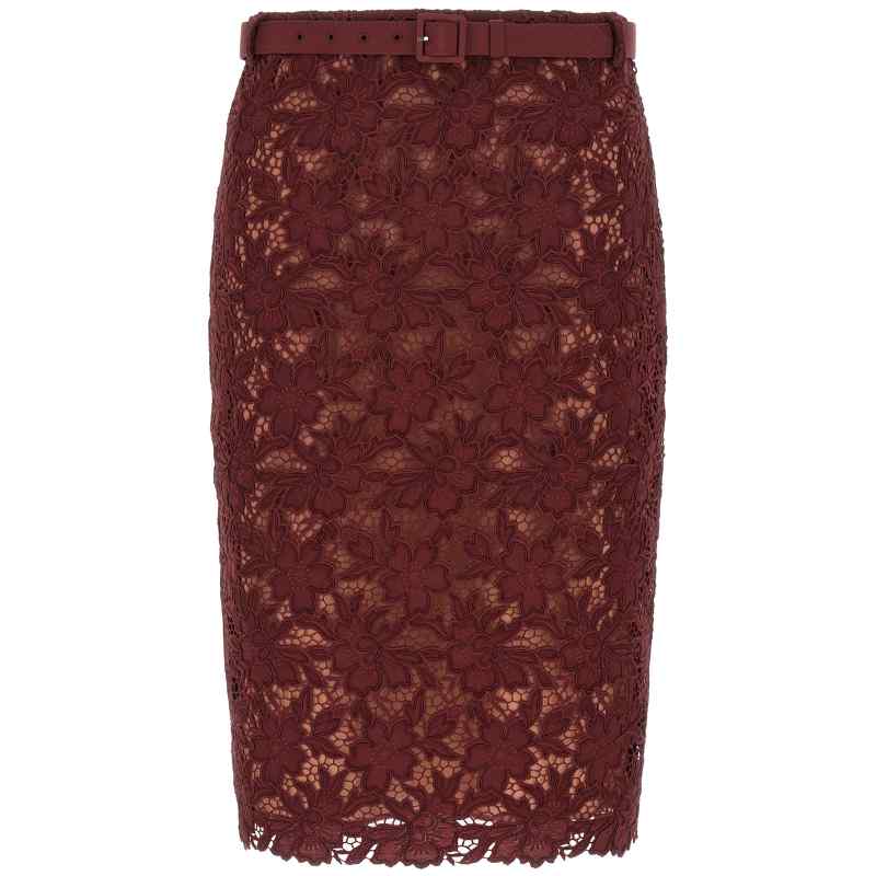 Self-Portrait Burgundy Guipure Lace Midi Skirt