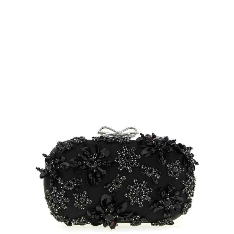 Self-Portrait Black Satin Floral Crystal Clutch