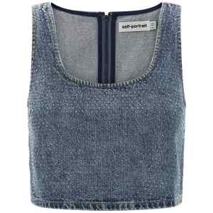 Self-Portrait Rhinestone Denim Crop Top