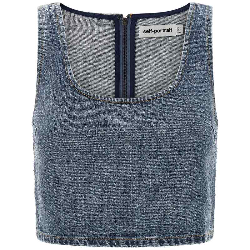 Self-Portrait Rhinestone Denim Crop Top
