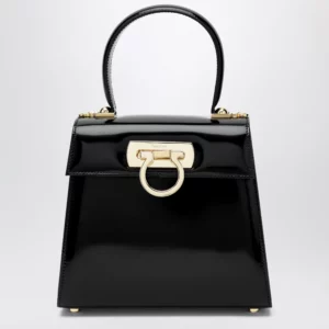 Ferragamo Small black leather top-handle bag with Gancini closure