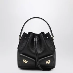 Ferragamo Black multipocket bucket bag in hammered leather