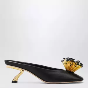Ferragamo Black mules with sculptural heel and crystal flower
