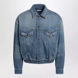 Versace Blue cotton denim jacket with red leather details