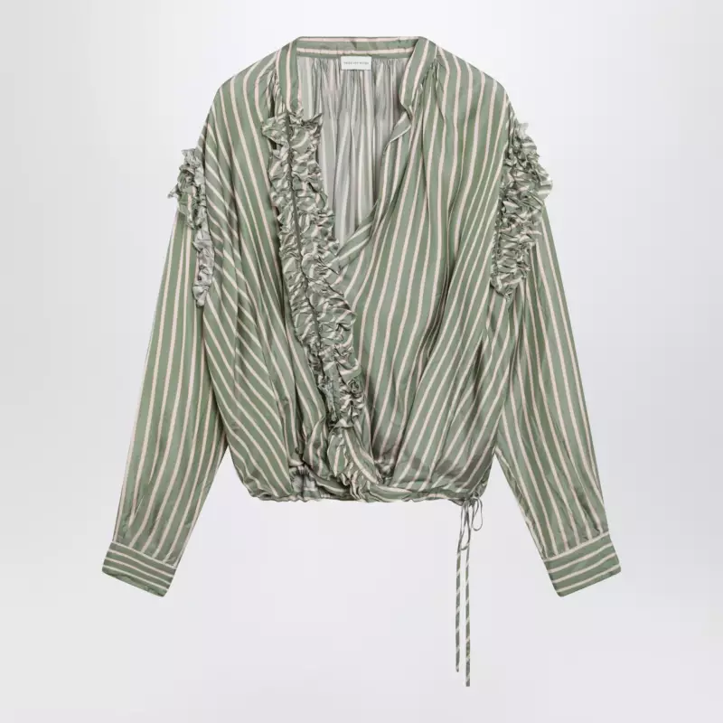 Dries Van Noten Green striped wrap shirt in cupro