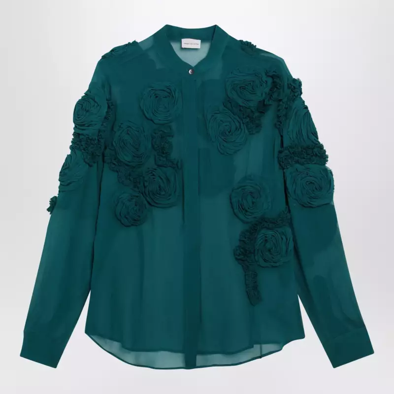 Dries Van Noten Petrol green shirt with raised rose details