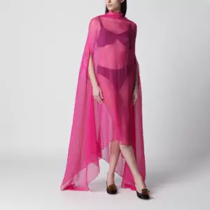 Dries Van Noten Wide Cape Dress Fuchsia in Sheer Silk