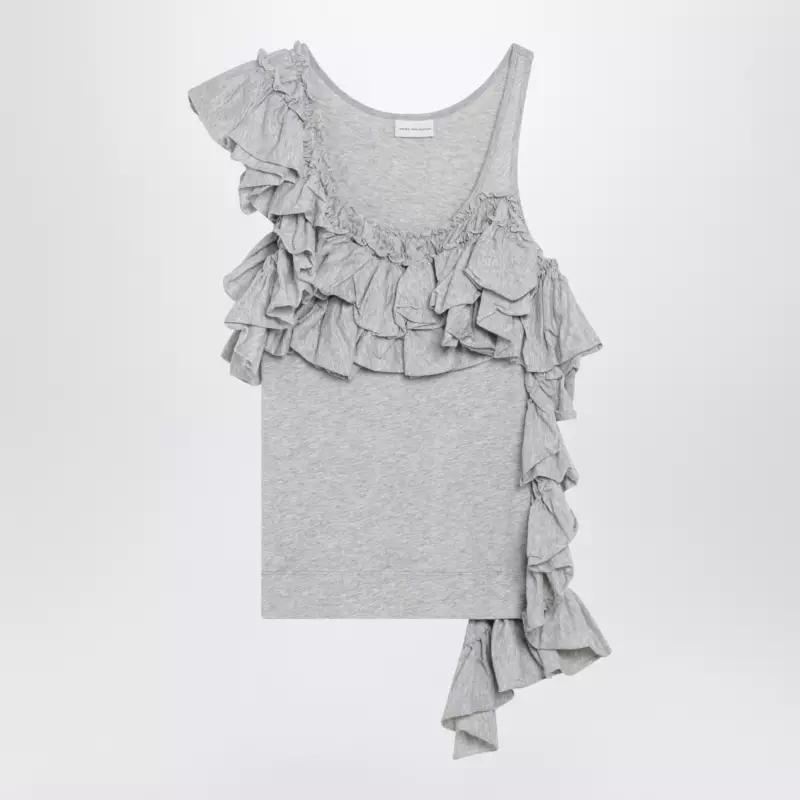 Dries Van Noten Grey mélange tank top with ruffles