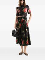 Dolce & Gabbana- floral-print belted midi dress in black cotton