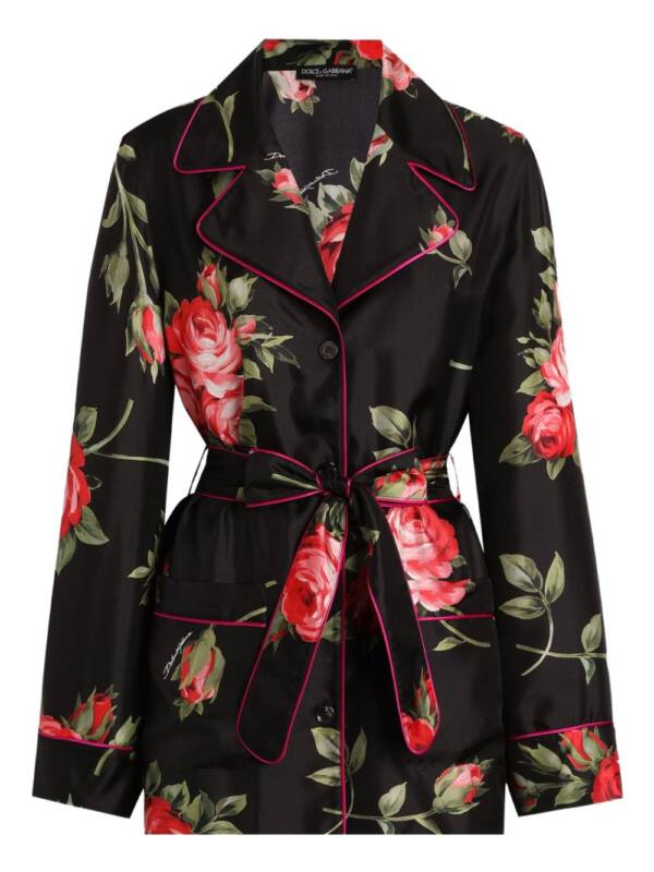 Dolce & Gabbana-black silk floral-print belted shirt