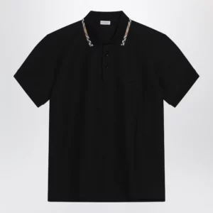 Black cotton polo with Check detail by Burberry
