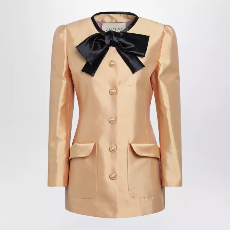 Valentino Pea coat in shantung in melon/black