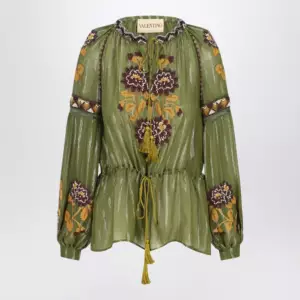 Valentino Embroidered lurex silk shirt green camou
