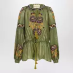 Valentino Embroidered lurex silk shirt green camou