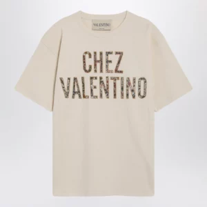 Ivory cotton T-shirt with Chez Valentino floral motif