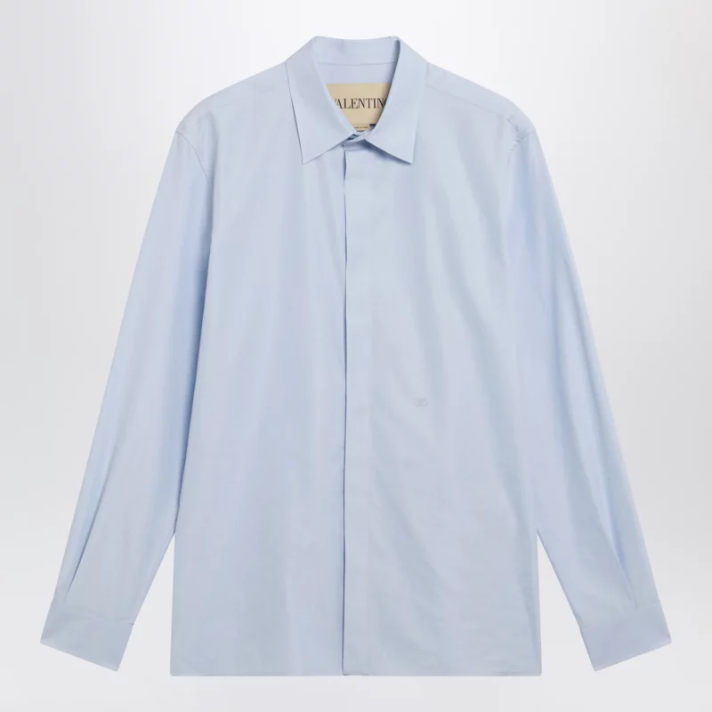 Valentino Light blue fil-à-fil cotton shirt with VLogo embroidery