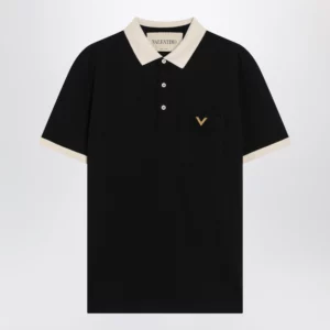 Valentino Black cotton piqué polo shirt with Vgold