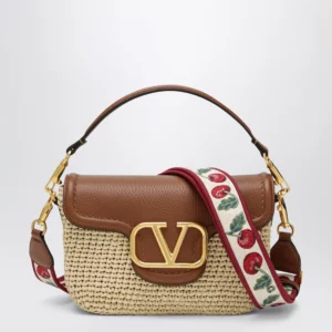 Valentino Garavani Alltime raffia and leather bag with Cherryfic embroidered strap
